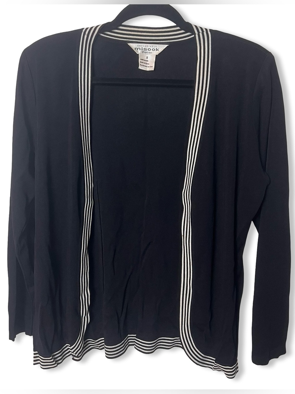 Exclusively Misook Petite Women Black Cardigan Striped Trim Open Front Sz. S